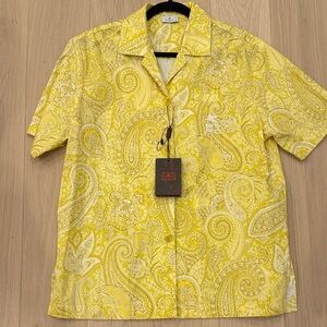 Etro Yellow Paisley Button-Down Short Sleeve Shirt